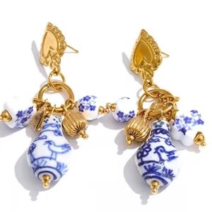 Blue Ceramic Bead Huggie Hoop Earrings - Gold Plated | NWOT